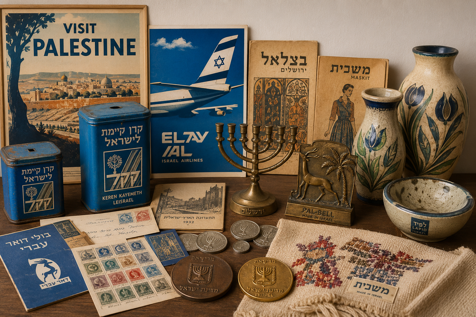 פריטי ישראליאנה איכותיים, כולל כרזות ישראליות, קופת קק״ל, קרמיקה ישראלית ופריטי עיצוב מקומיים בגלריה מקצועית.